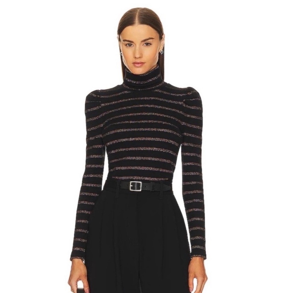 Veronica Beard Cedar Metallic Striped Turtleneck Top with Puffed Sleeves Size S